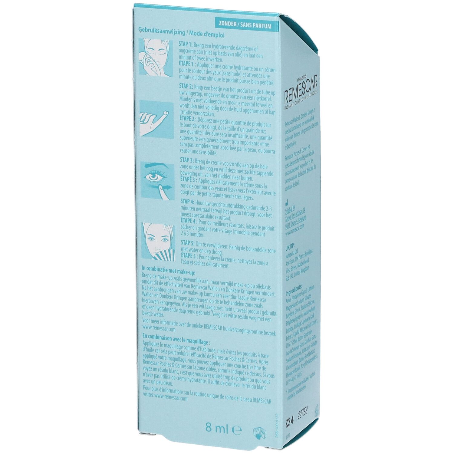 Rückseite der REMESCAR-Verpackung. Text: Anwendung, Inhaltsstoffe, 8 ml. Ohne Parfüm. Gebrauchsanweisung mit Illustrationen.