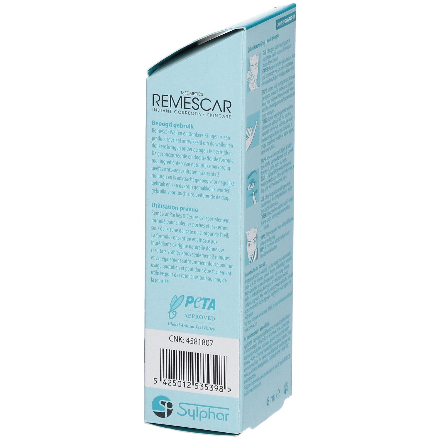 Seite der REMESCAR-Verpackung. Text: Anwendung, Inhaltsstoffe, PETA-Logo. Barcode und Kontaktinformationen.