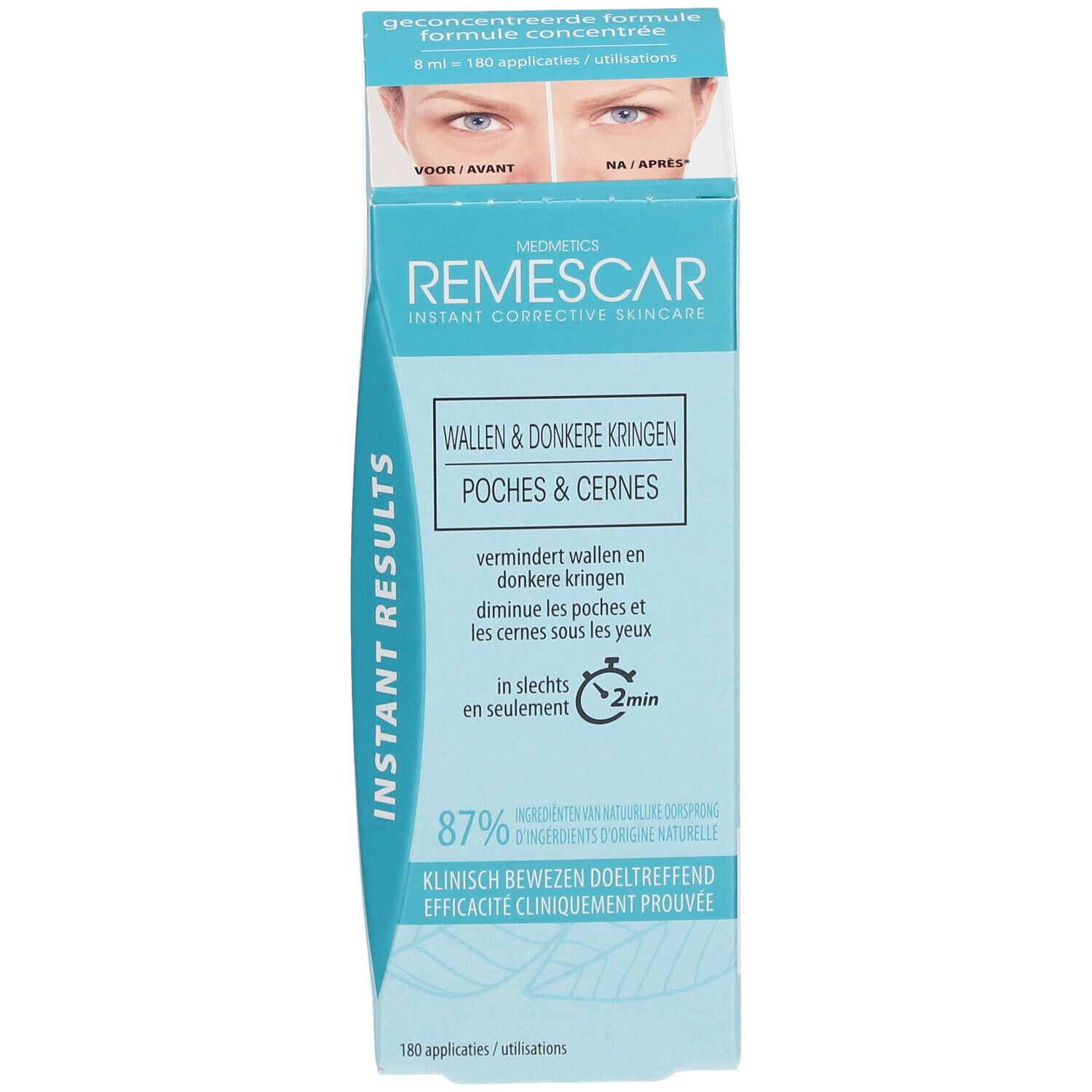 Kartonverpackung von REMESCAR. Text: Augenringe, Instant Corrective Skincare. Vorher-Nachher-Bild. 87% natürliche Inhaltsstoffe.