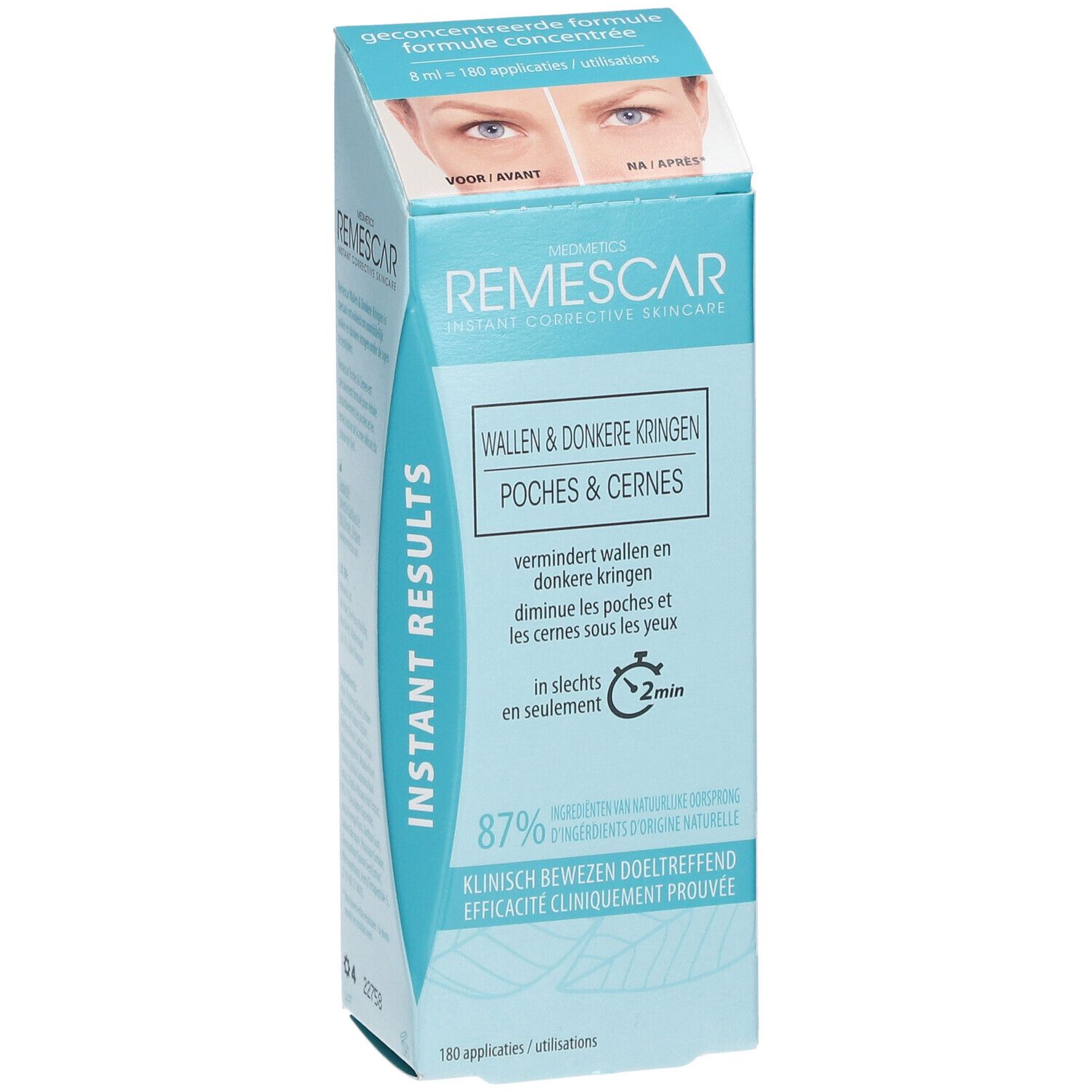 Kartonverpackung von REMESCAR. Text: Augenringe, Instant Corrective Skincare. Vorher-Nachher-Bild. 87% natürliche Inhaltsstoffe.