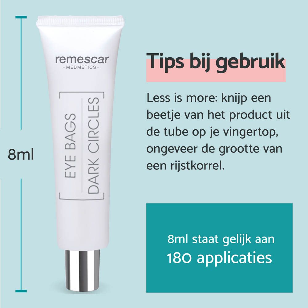 Tube REMESCAR. Tekst: oogzakken, donkere kringen. 8 ml. Tips: minder is meer. 8 ml is gelijk aan 180 applicaties.