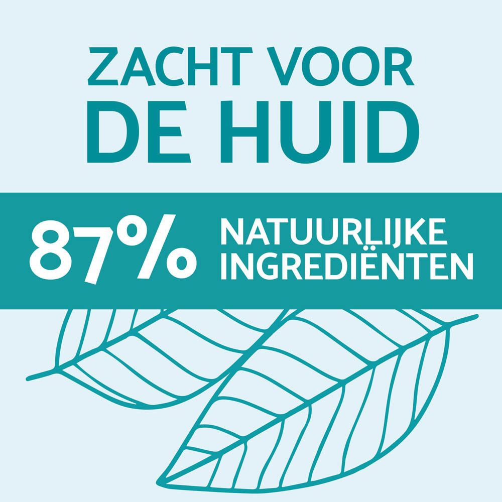Tekst: Zacht voor de huid. 87% natuurlijke ingrediënten. Twee groene bladeren.