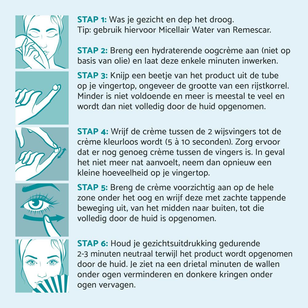 Instructies: 6 stappen voor gebruik. Illustraties tonen de toepassing. Tekst in het Nederlands.