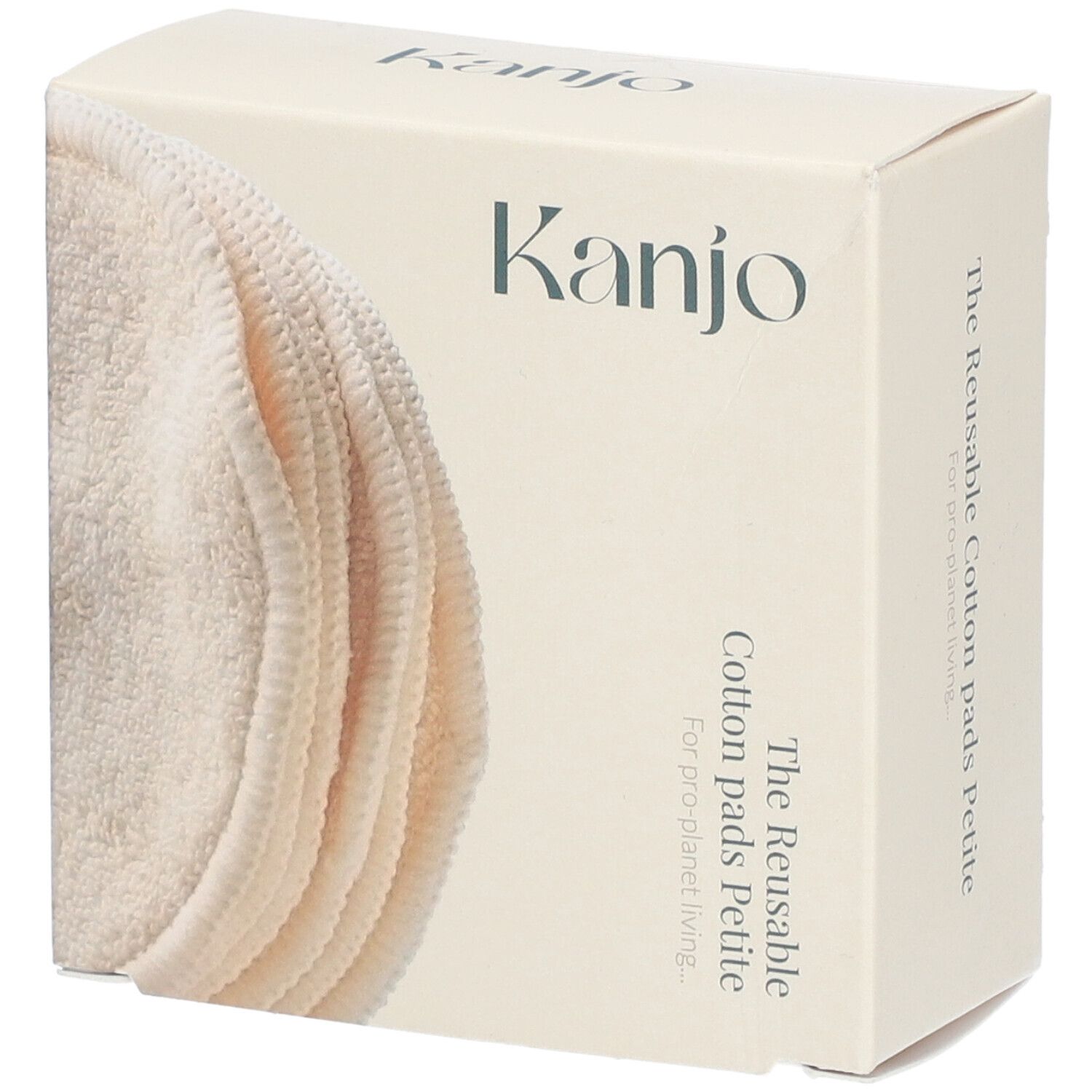 Kanjo-Verpackung mit wiederverwendbaren Wattepads. Aufschrift: The Reusable Cotton Pads Petite.