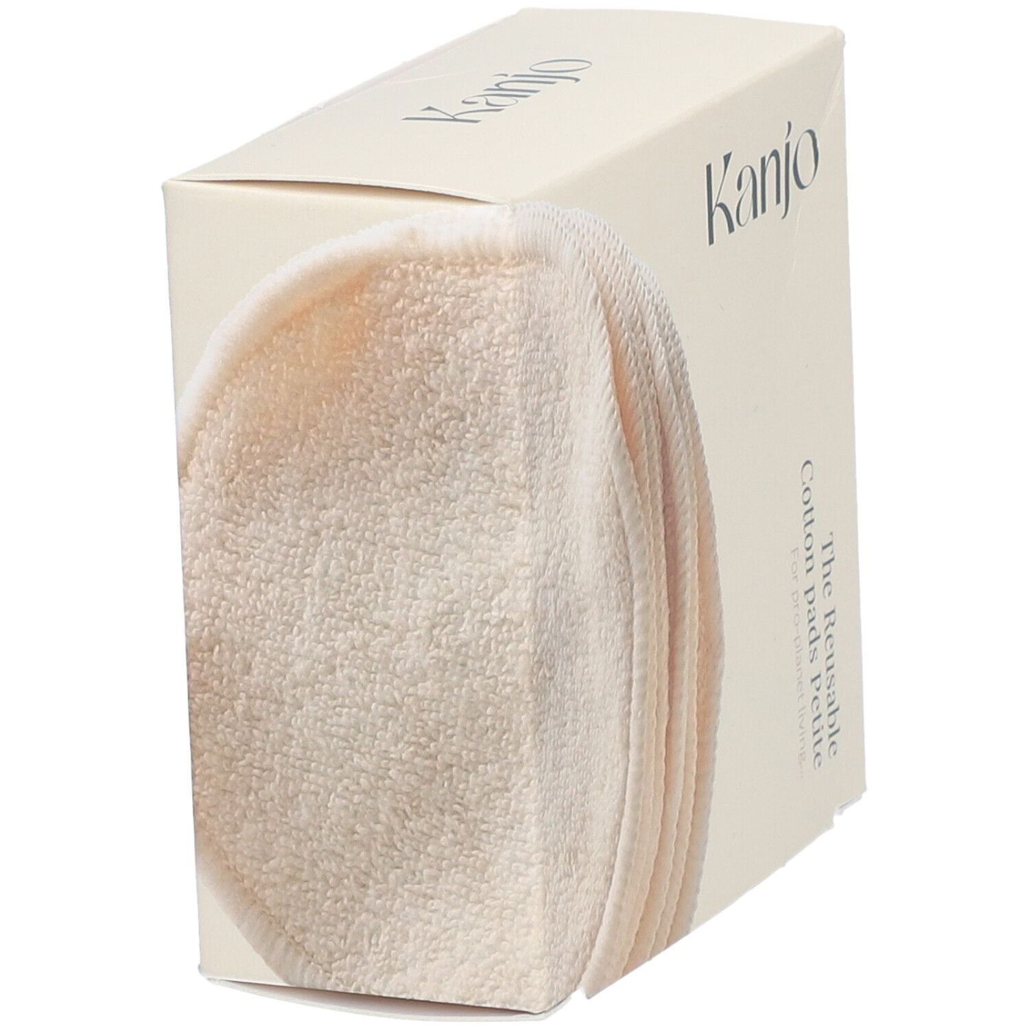 Kanjo-Verpackung mit wiederverwendbaren Wattepads. Aufschrift: The Reusable Cotton Pads Petite.
