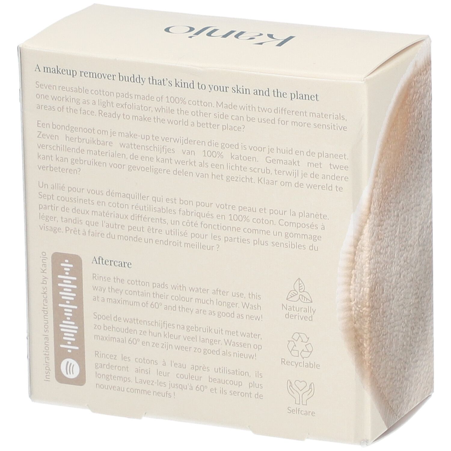 Rückseite der Kanjo-Verpackung mit Text in Deutsch, Französisch und Niederländisch. Symbole für natürlich, recycelbar und Selbstpflege.