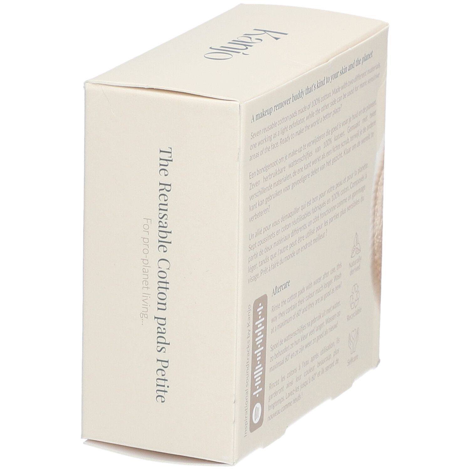 Kanjo-Verpackung mit Text: The Reusable Cotton Pads Petite. Auf der Seite Text und Symbole.