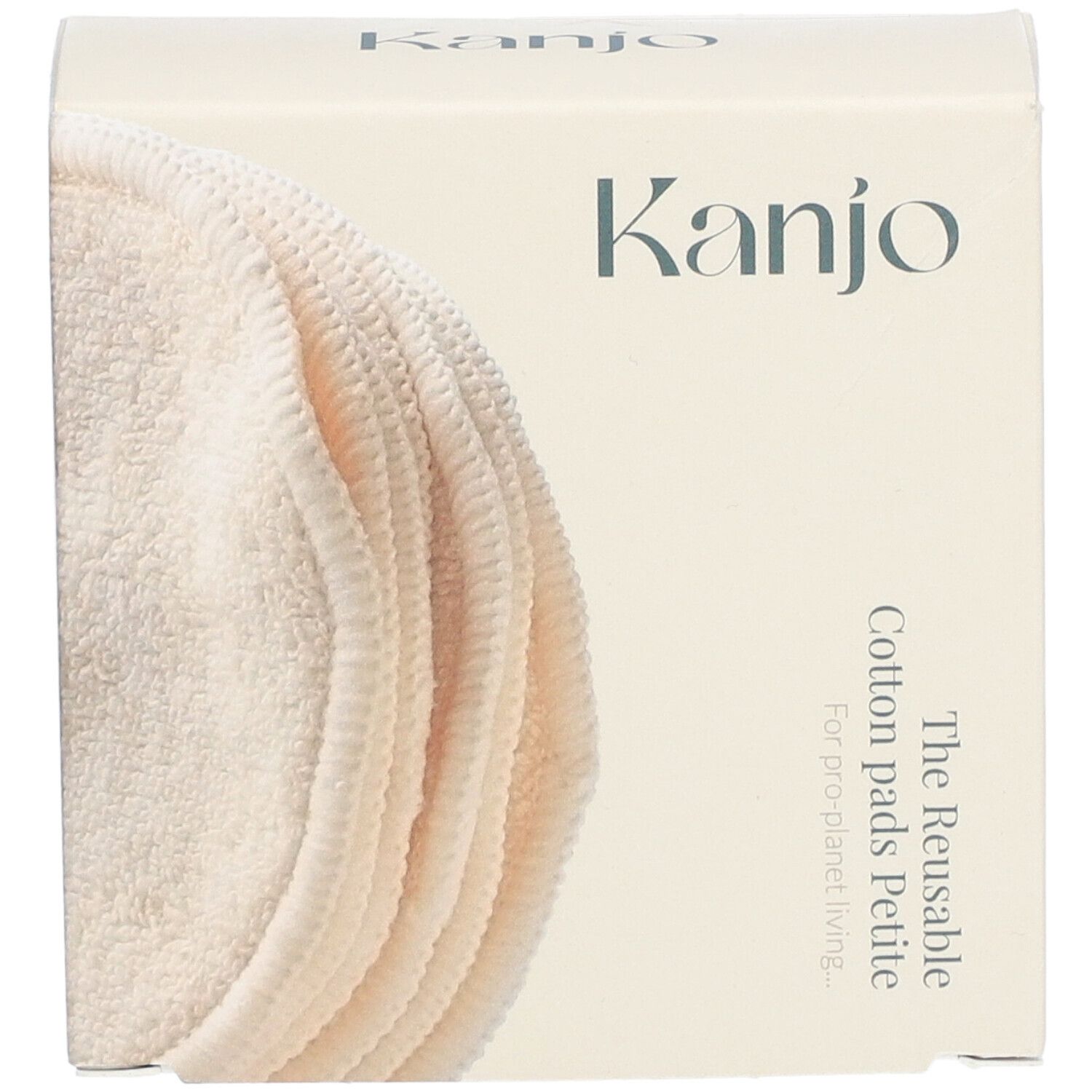 Kanjo-Verpackung mit wiederverwendbaren Wattepads. Aufschrift: The Reusable Cotton Pads Petite.