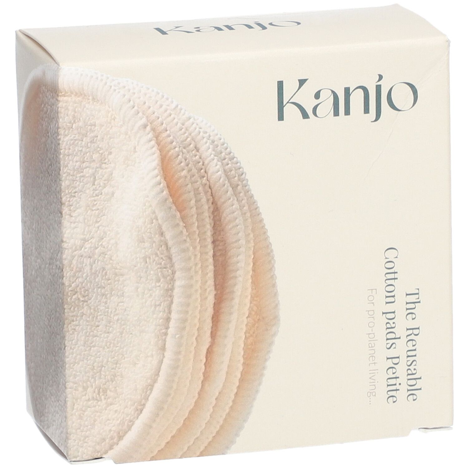 Kanjo-Verpackung mit wiederverwendbaren Wattepads. Aufschrift: The Reusable Cotton Pads Petite.