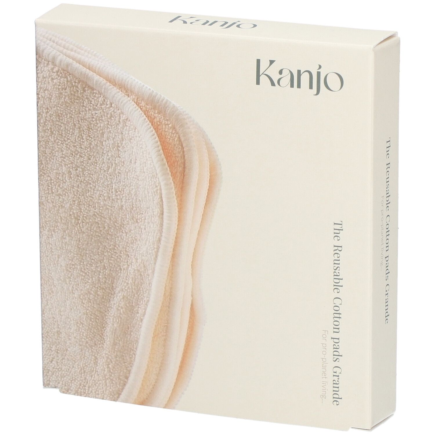 Beige kartonnen verpakking met "Kanjo" logo. Meerdere ronde, beige make-up remover pads zichtbaar. Tekst: "The Reusable Cotton pads Grande".