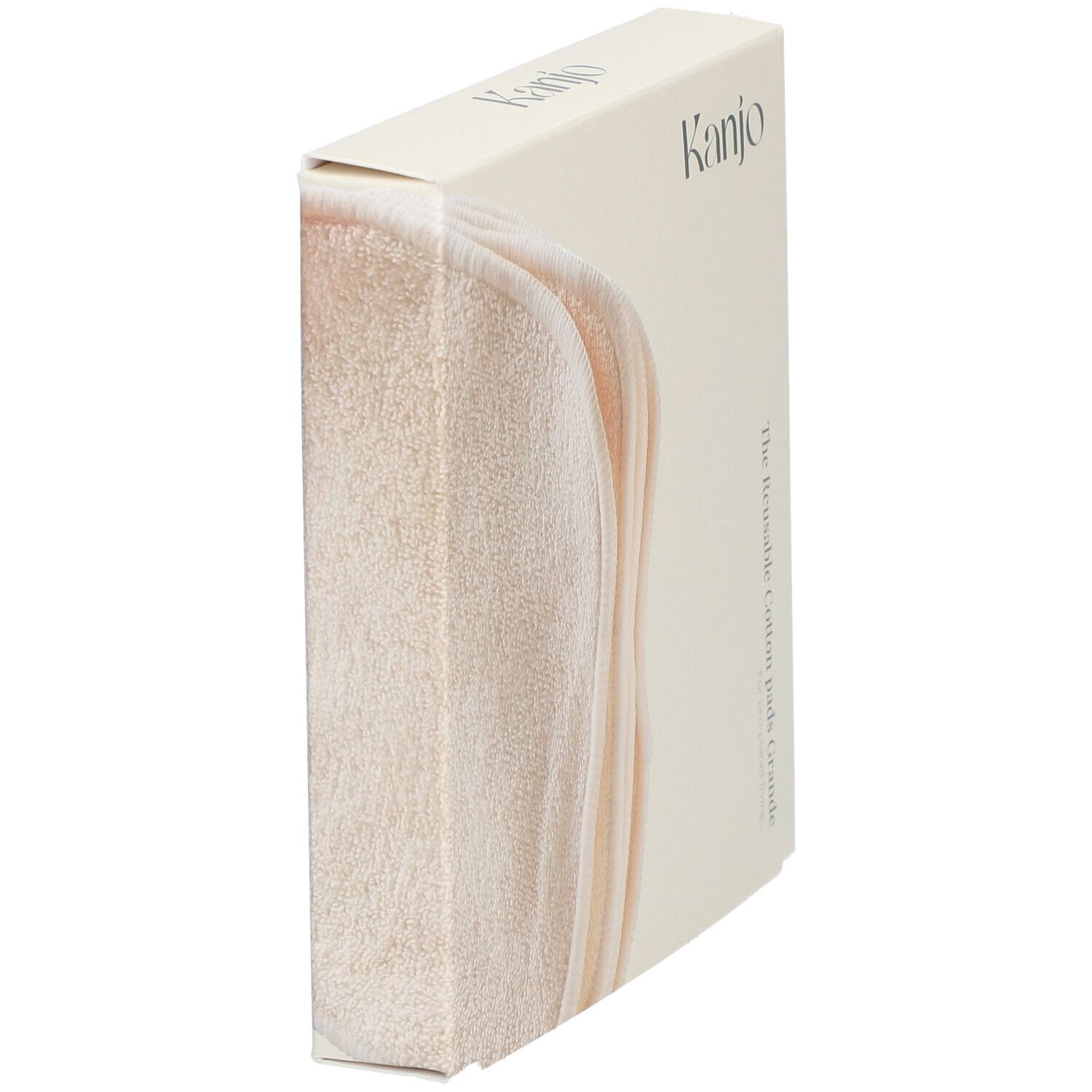 Beige kartonnen verpakking met "Kanjo" logo. Tekst: "The Reusable Cotton pads Grande". Zijkant met productbeschrijving en iconen.
