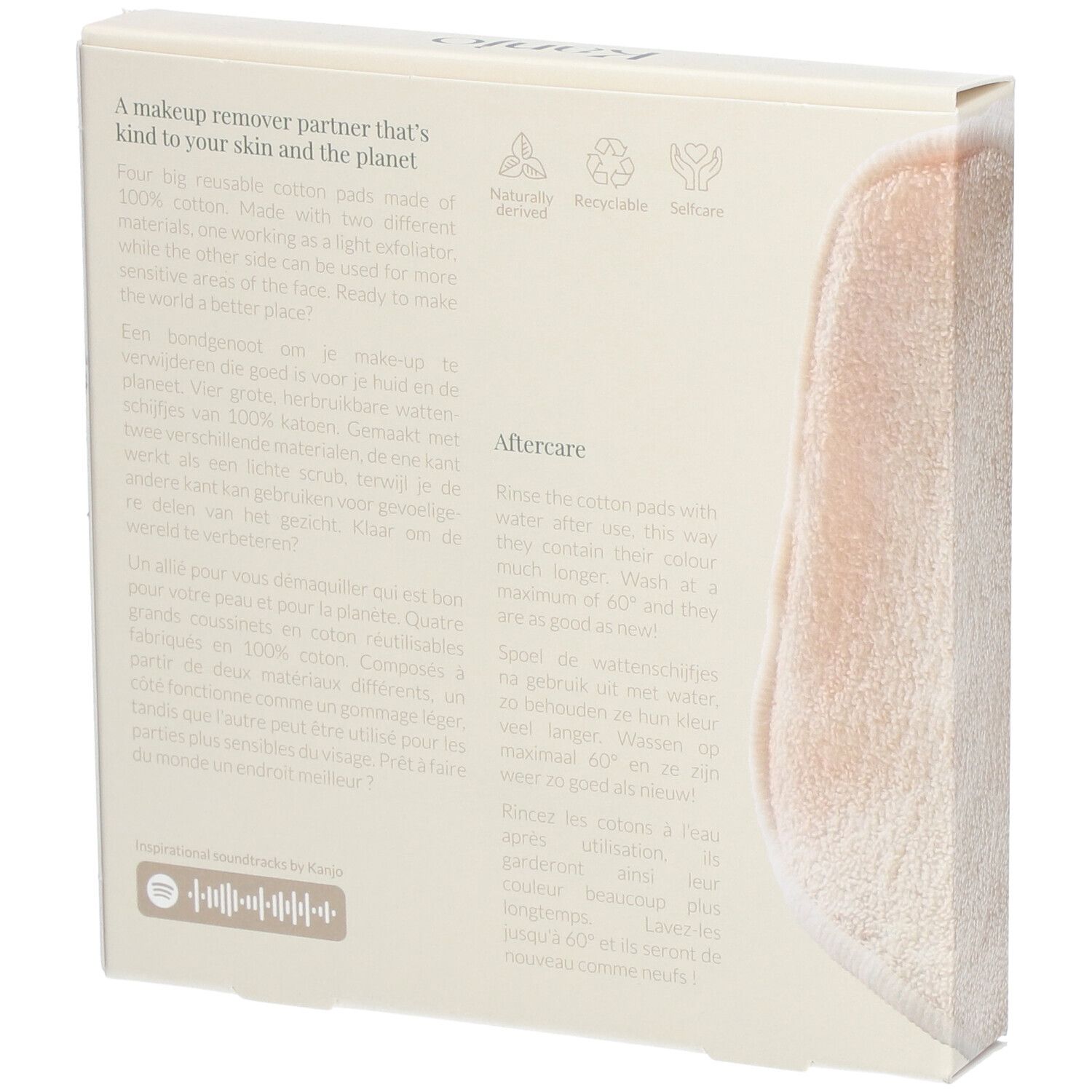 Achterkant van de beige kartonnen verpakking. Tekst: productbeschrijving in meerdere talen. Iconen: natuurlijk, recyclebaar, zacht.