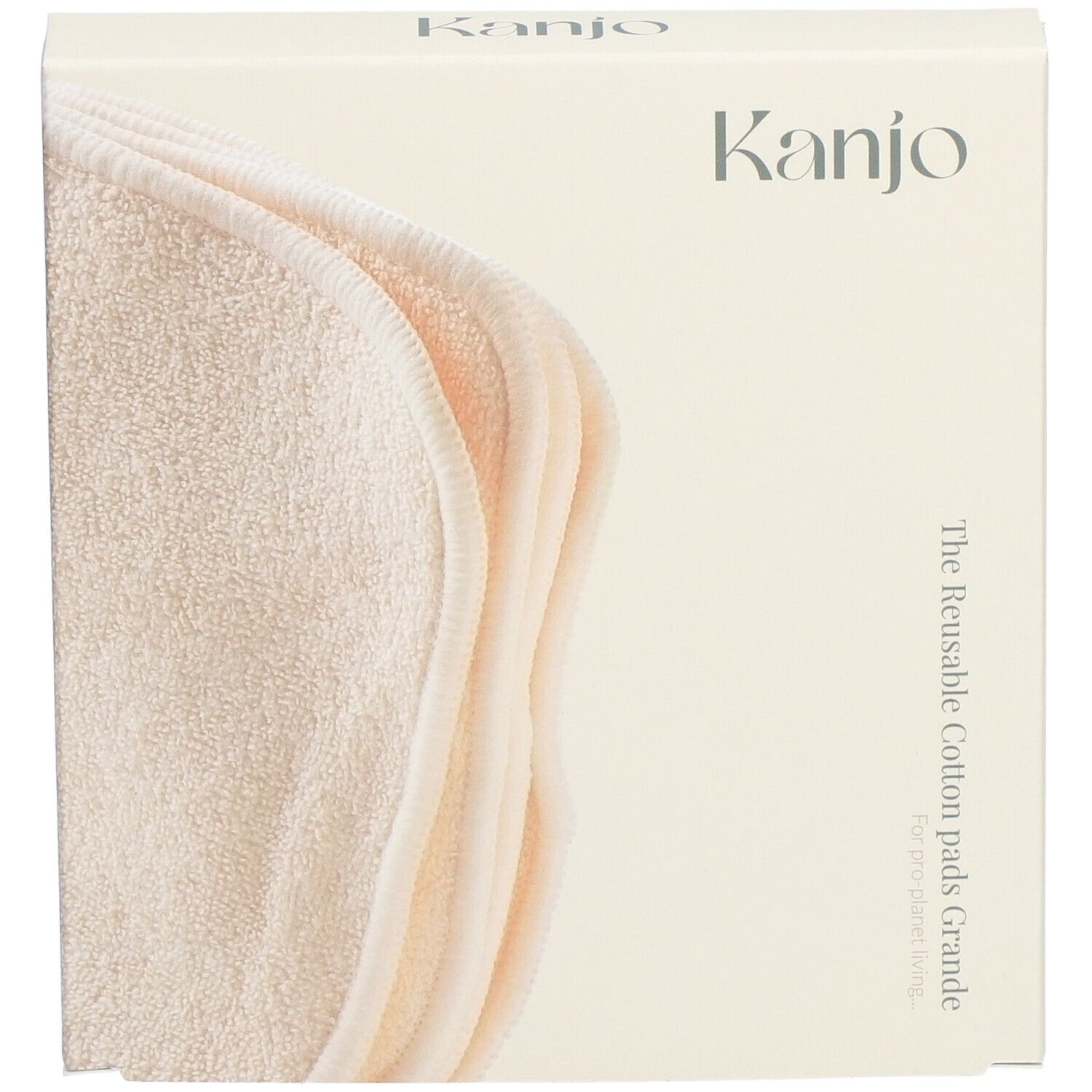 Beige kartonnen verpakking met "Kanjo" logo. Meerdere ronde, beige make-up remover pads zichtbaar. Tekst: "The Reusable Cotton pads Grande".