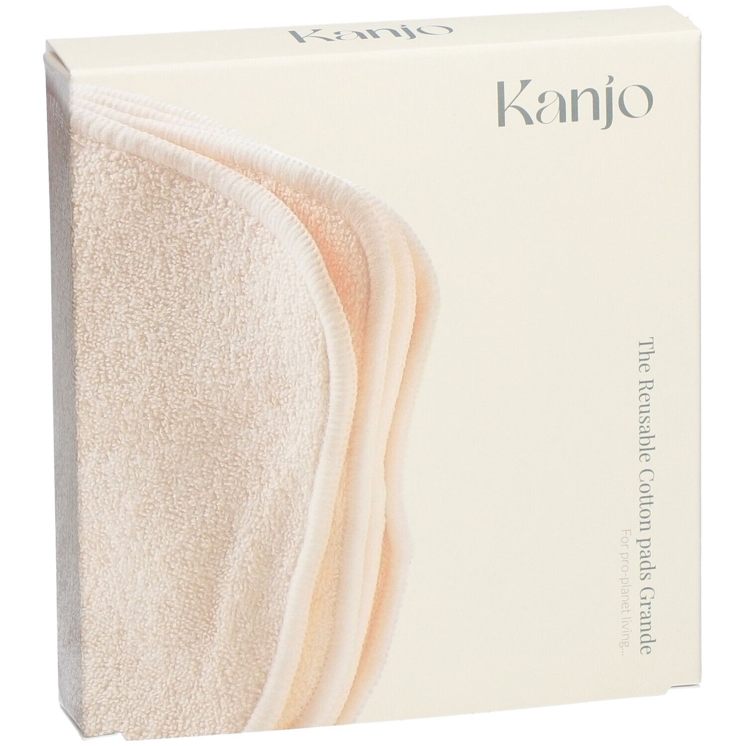 Beige kartonnen verpakking met "Kanjo" logo. Meerdere ronde, beige make-up remover pads zichtbaar. Tekst: "The Reusable Cotton pads Grande".