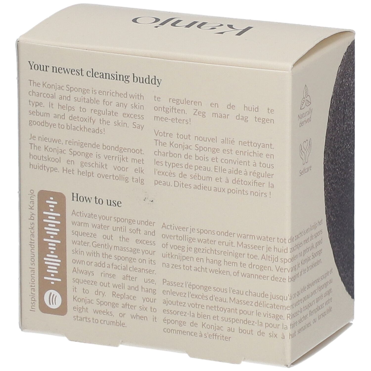 Rückseite der Kartonverpackung. Text: Your newest cleansing buddy. How to use. Illustrationen und Text in mehreren Sprachen.