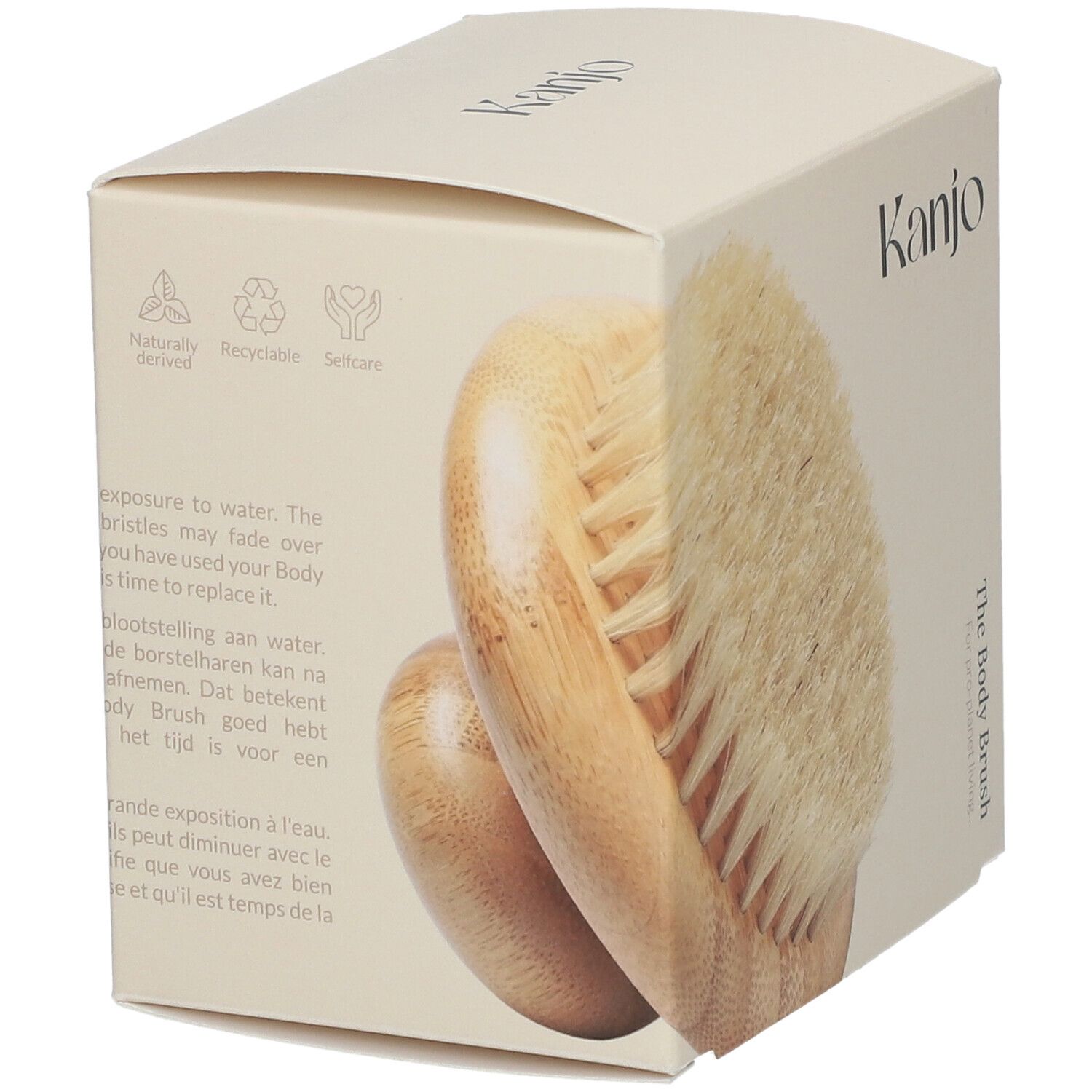 Emballage avec brosse corporelle. Inscription "Kanjo". Icônes pour naturel, recyclable et auto-soin.