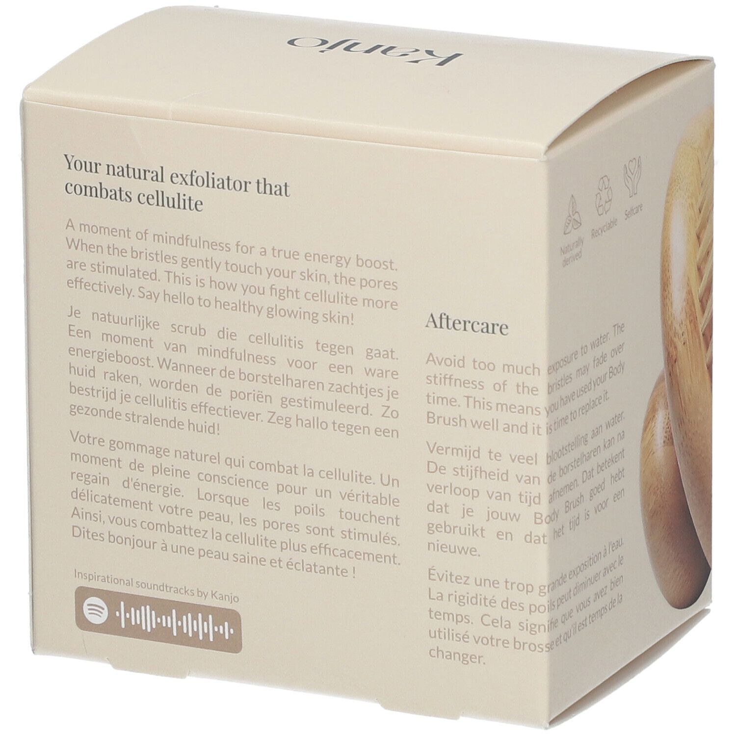 Emballage avec texte sur l'exfoliation naturelle. Inscription "Kanjo". Icônes pour naturel, recyclable et auto-soin.