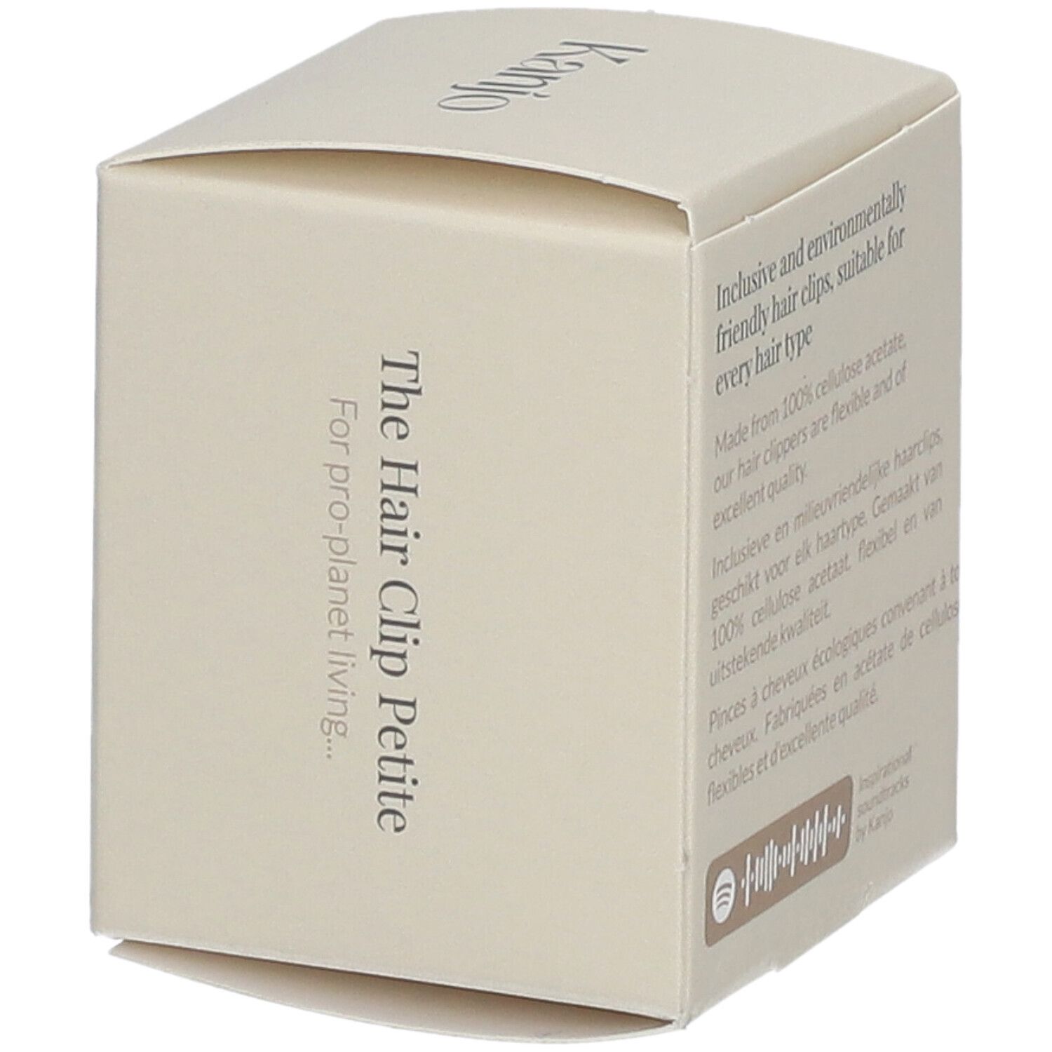Emballage en carton avec logo Kanjo et nom du produit. Texte: The Hair Clip Petite. Pour pro-planet-living.