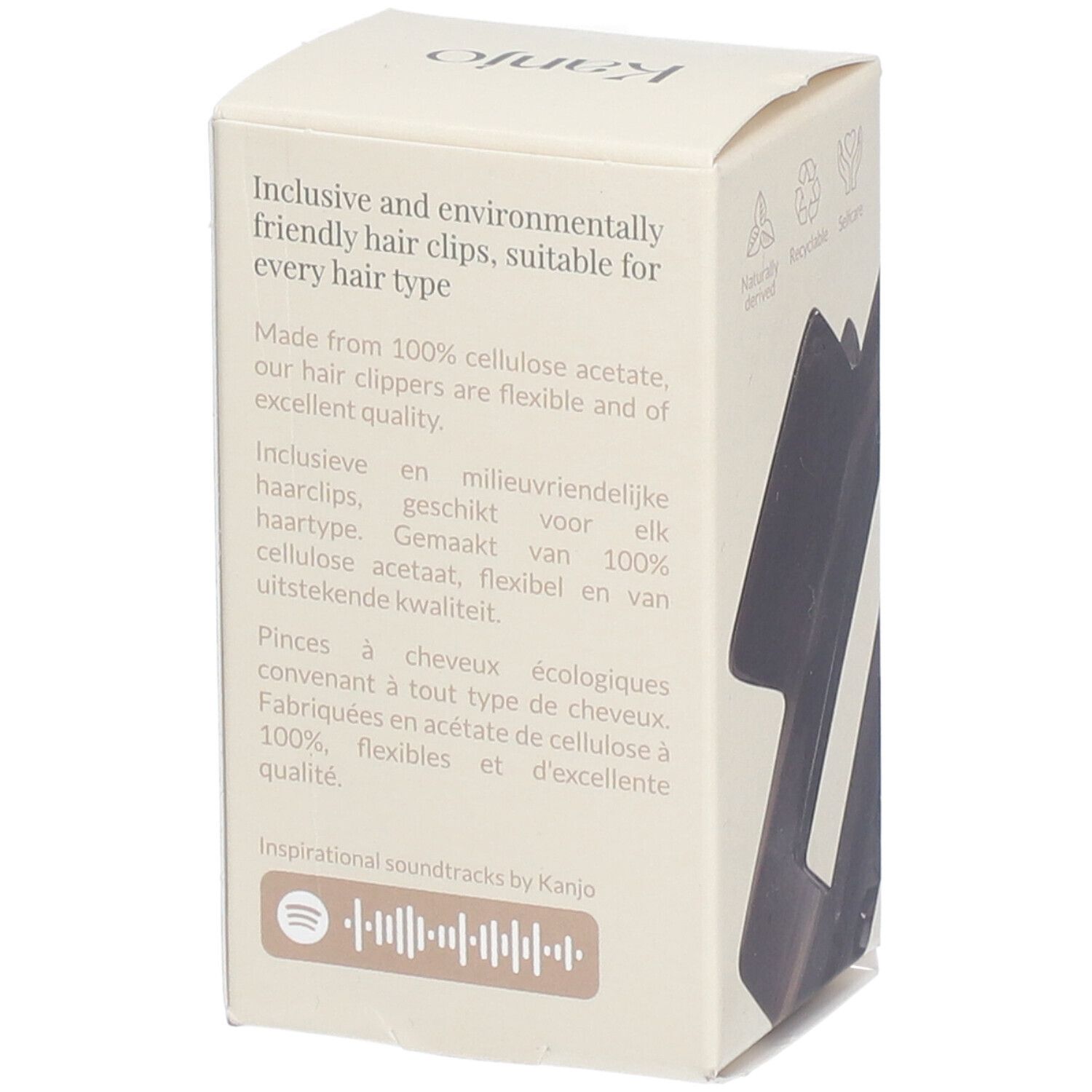 Verpackung mit Text. Marke: Kanjo. Text: Inclusive and environmentally friendly hair clips, suitable for every hair type.
