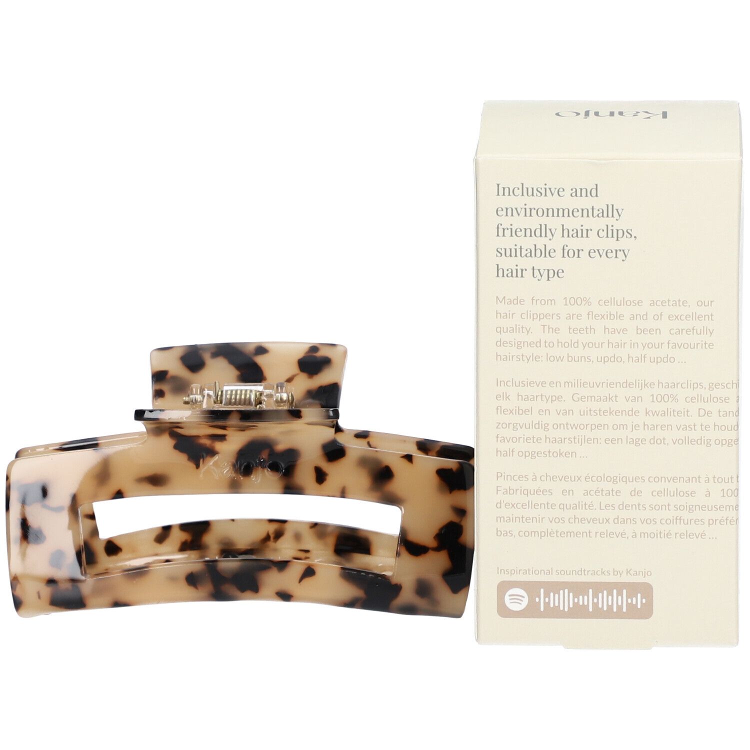 Haarspange Grande 02 Sandstone tortoise und Verpackung. Text: Inklusive und umweltfreundliche Haarspangen für jeden Haartyp.