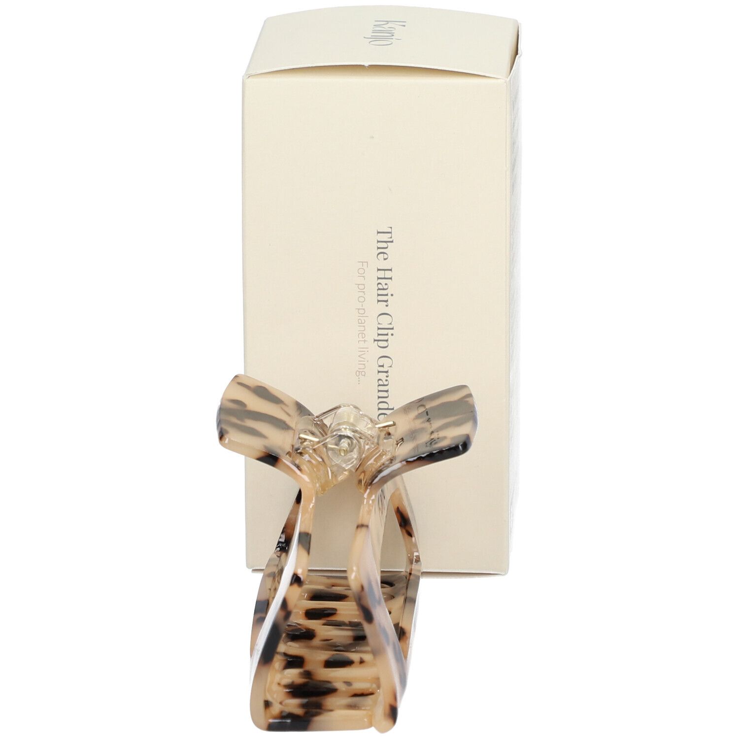 Haarspange Grande 02 Sandstone tortoise, beige-braun marmoriert, von unten. Marke: Kanjo. Text: The Hair Clip Grande.