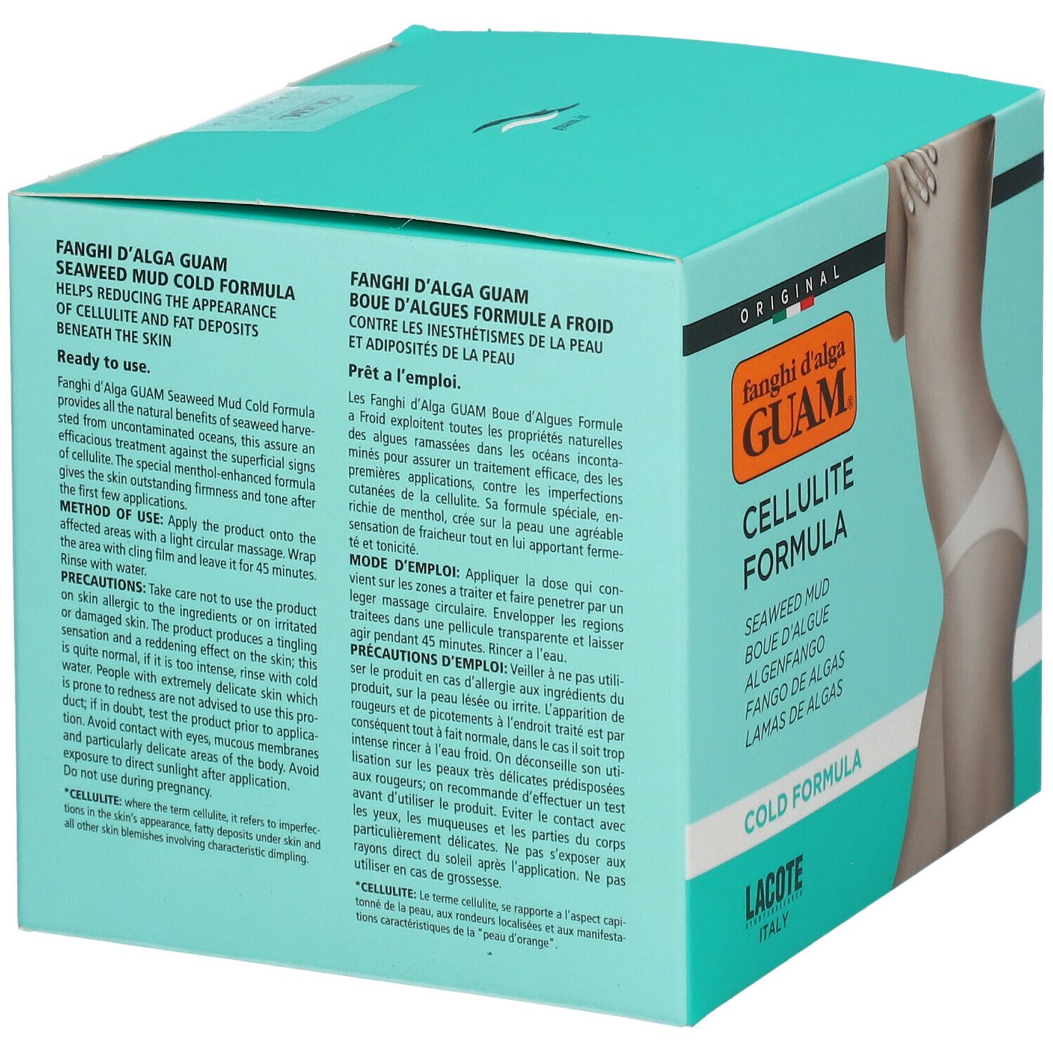 Boîte turquoise avec texte. Inscription : GUAM, Cellulite Formula, Boue d'algues Formule Froid. Texte multilingue.