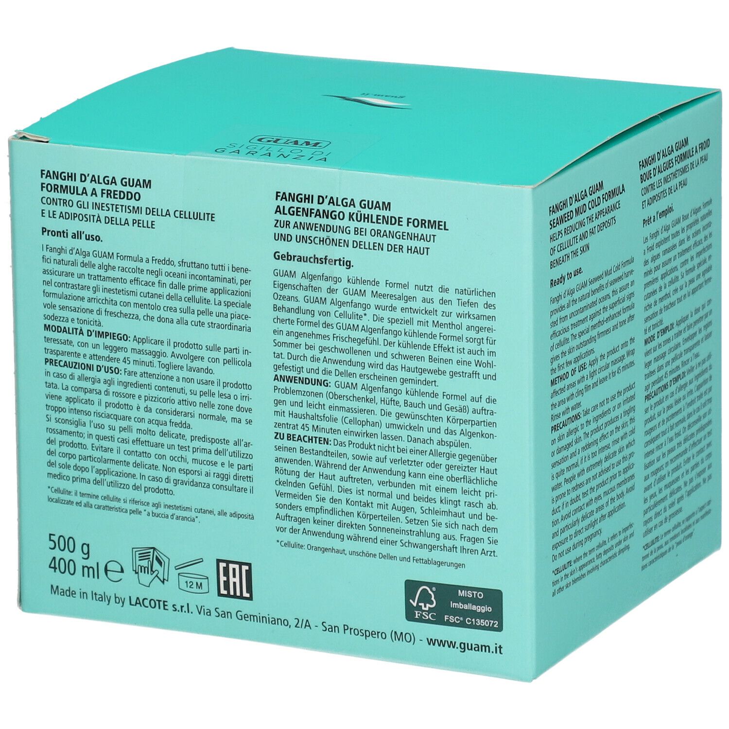 Boîte turquoise avec texte. Inscription : GUAM, Boue d'algues formule froide. Texte multilingue. 500 g, 400 ml.