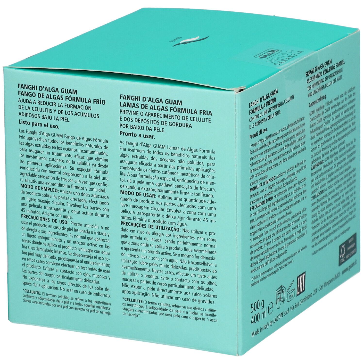 Boîte turquoise avec texte. Inscription : GUAM, Boue d'algues formule froide. Texte multilingue. 500 g, 400 ml.