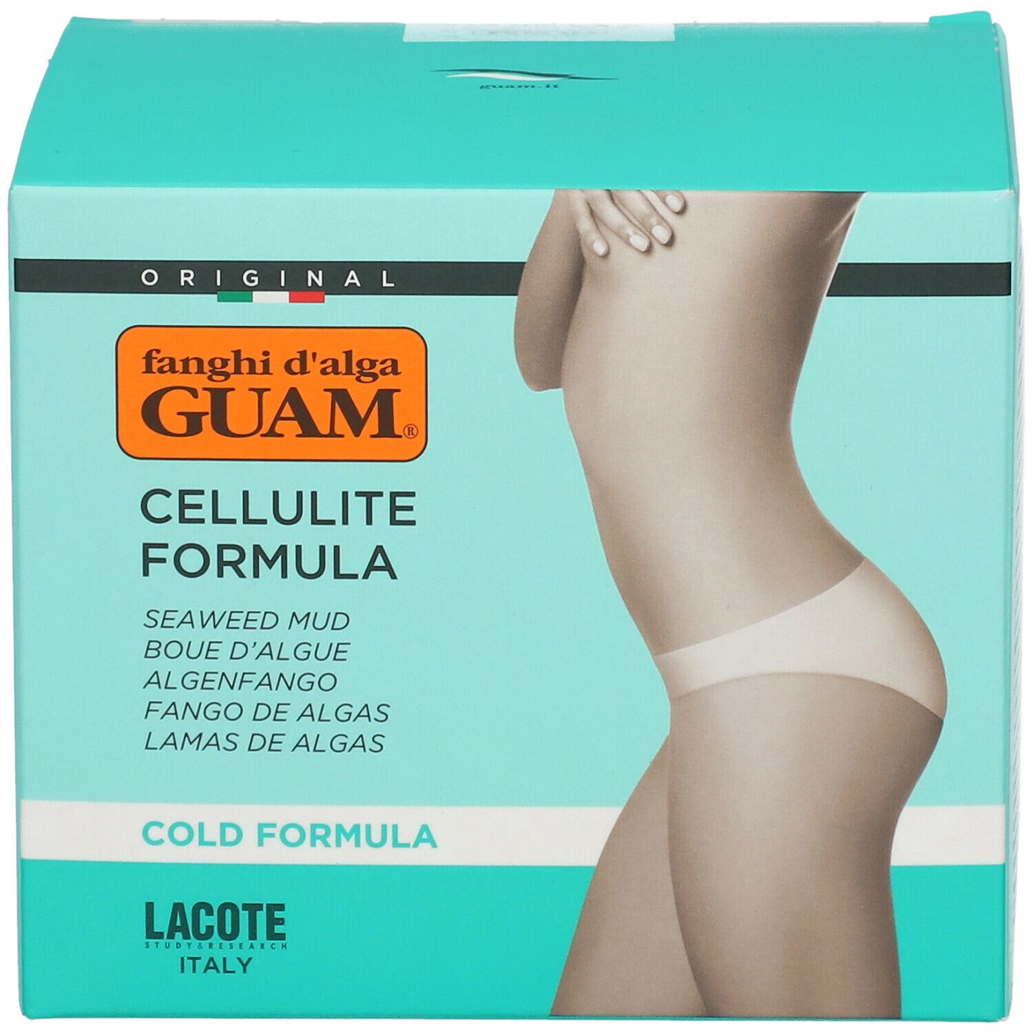 Boîte turquoise avec image et texte. Inscription : GUAM, Cellulite Formula, Boue d'algues, Cold Formula.