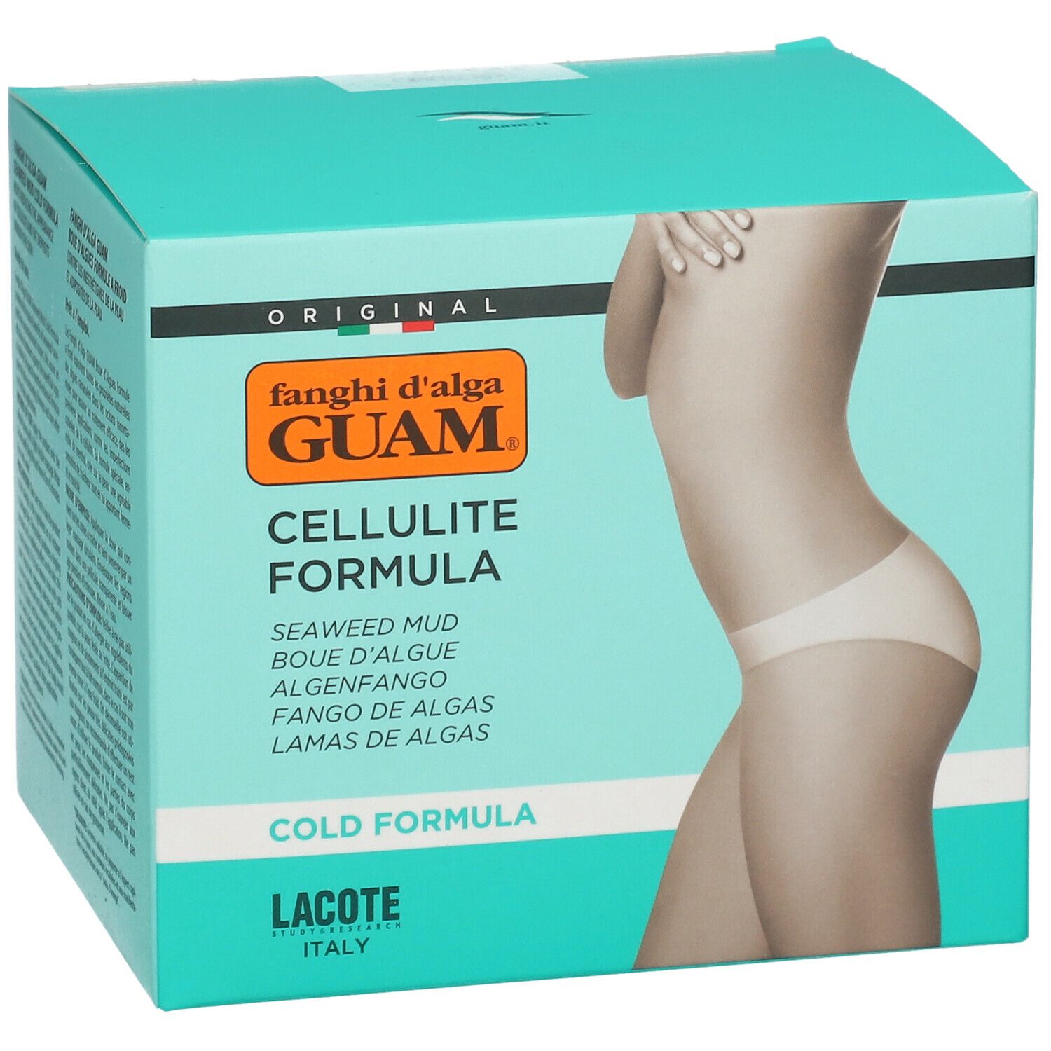 Boîte turquoise avec image et texte. Inscription : GUAM, Cellulite Formula, Boue d'algues, Cold Formula.