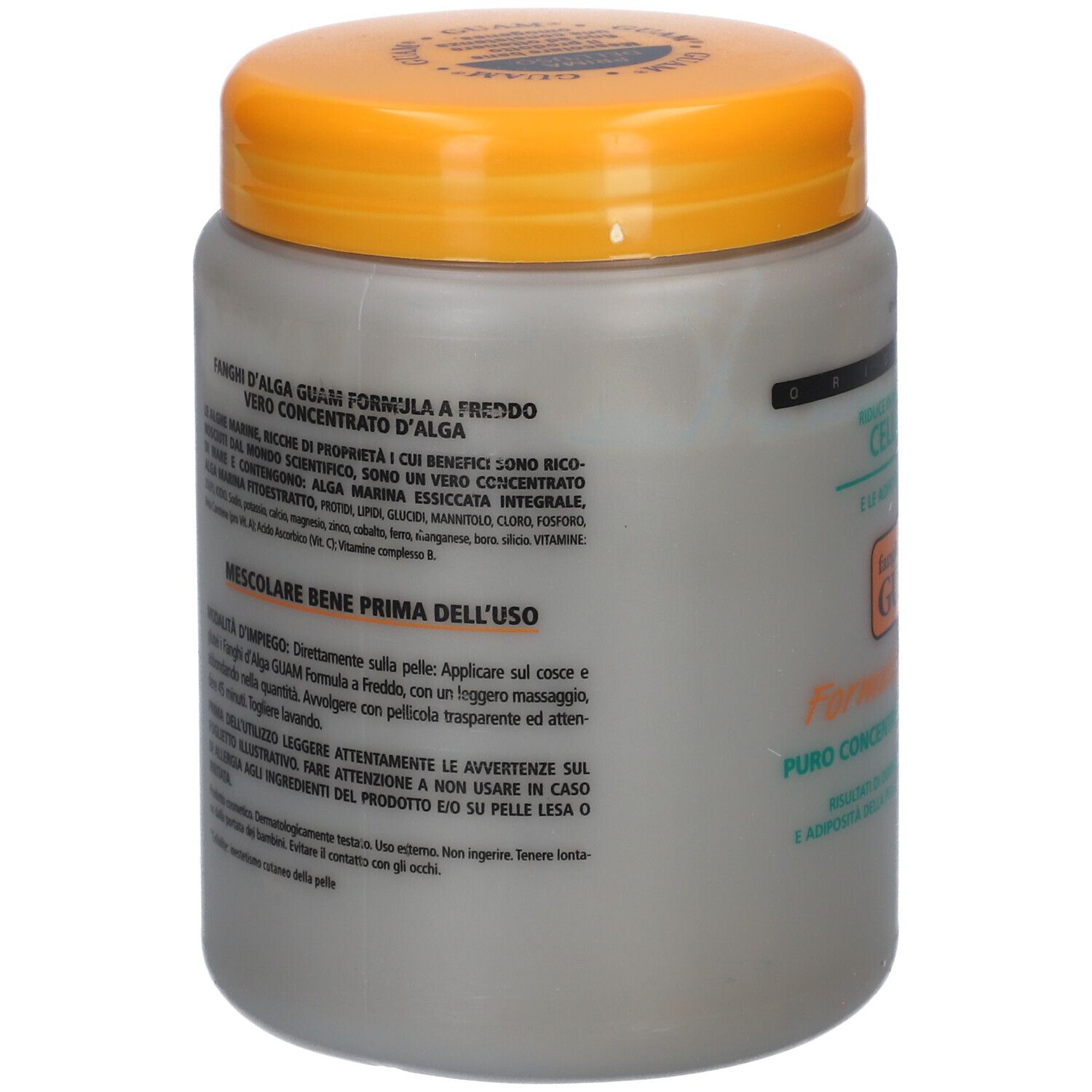 Graue Dose mit gelbem Deckel. Text: 'Fanghi d'alga Guam'. Rückseite mit italienischem Text. Produktbeschreibung.