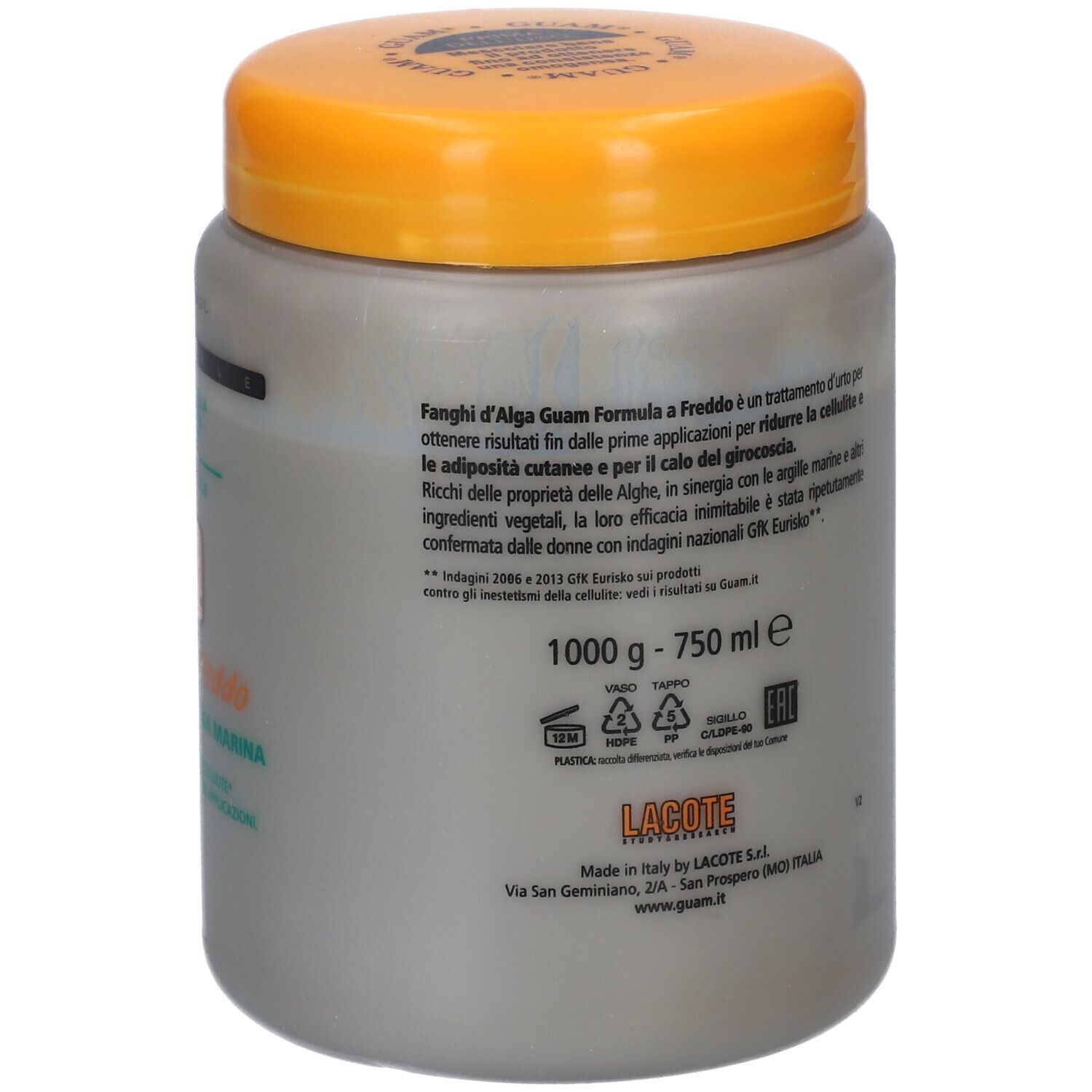 Graue Dose mit gelbem Deckel. Text: 'Fanghi d'alga Guam'. Rückseite mit italienischem Text. 1000 g.