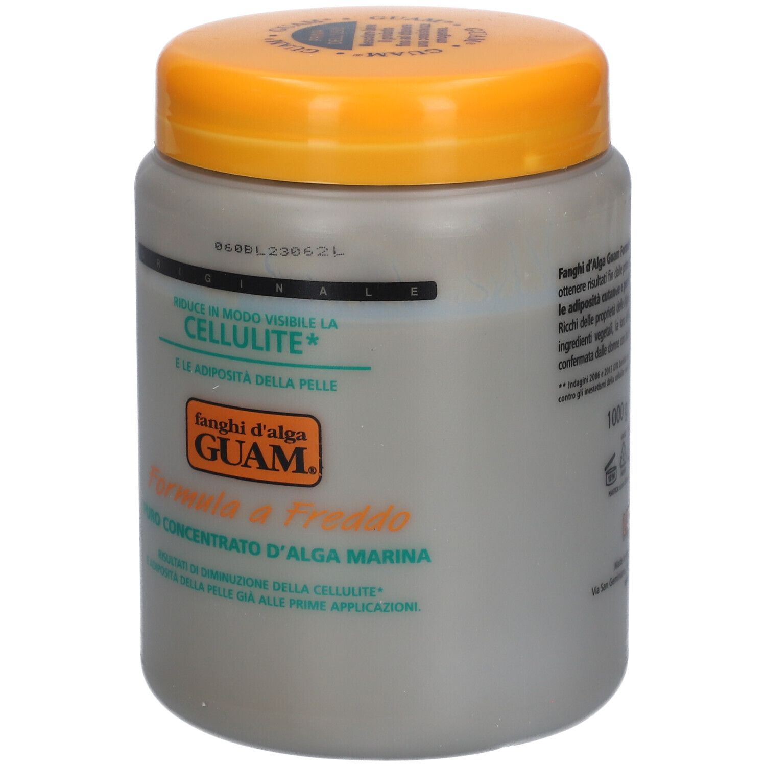 Graue Dose mit gelbem Deckel. Text: 'Fanghi d'alga Guam'. Reduziert Cellulite. Italienische Produktbeschreibung.
