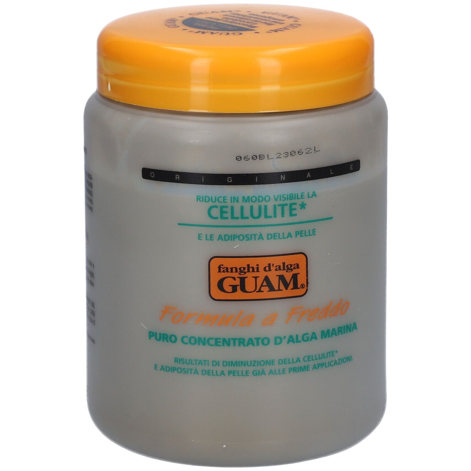 Graue Dose mit gelbem Deckel. Text: 'Fanghi d'alga Guam'. Reduziert Cellulite. Italienische Produktbeschreibung.