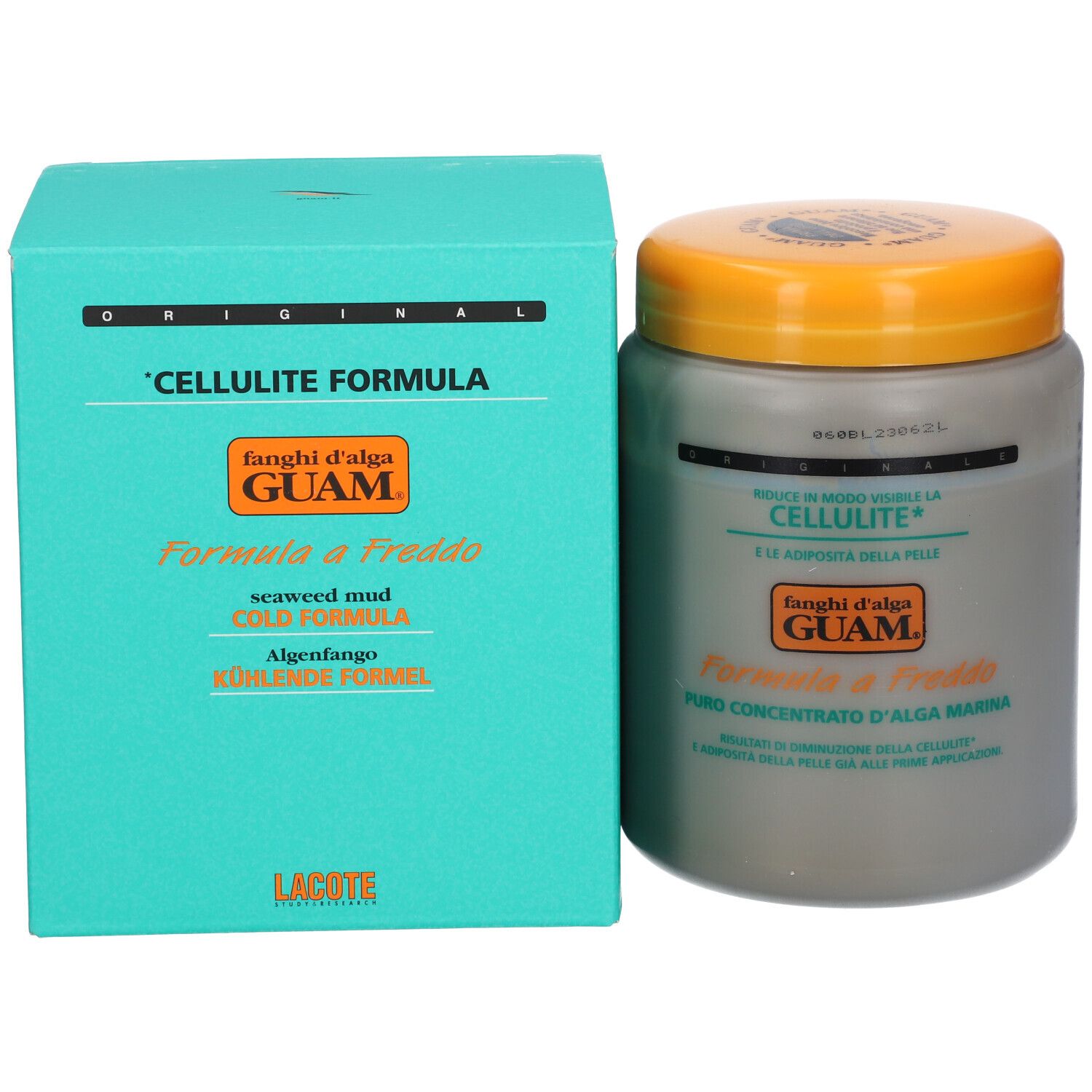 Produkt mit Dose und Verpackung. Dose grau mit gelbem Deckel. Verpackung türkis. Text: 'Fanghi d'alga Guam'.