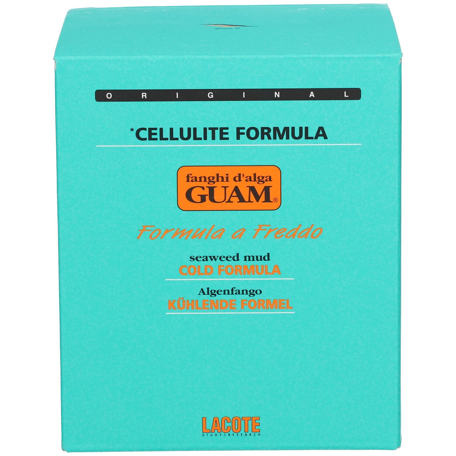Türkisfarbene Produktverpackung. Text: 'Cellulite Formula'. 'Fanghi d'alga Guam'. 'Algenschlamm'.