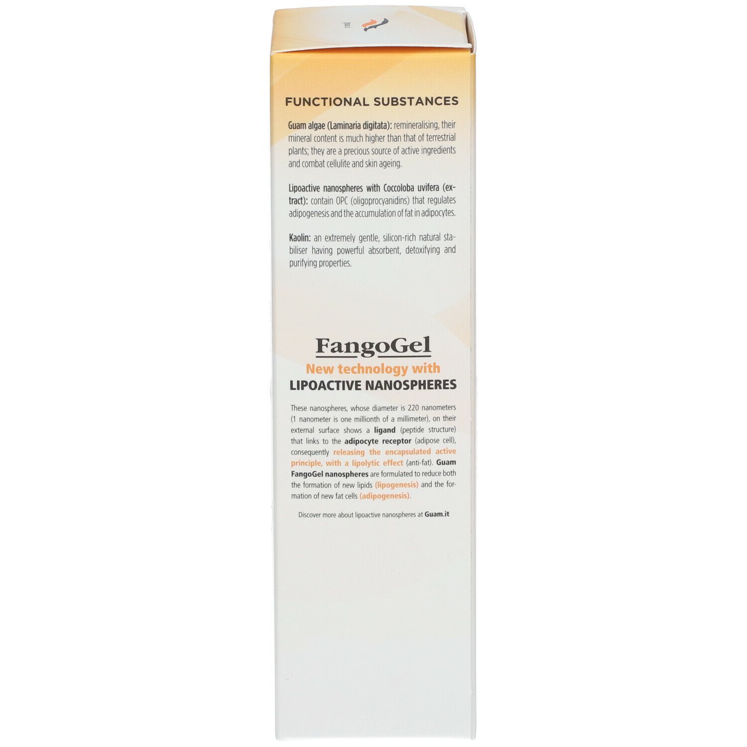 Produktverpackung. Seite mit Text in italienischer Sprache, Inhaltsangaben und Logos.