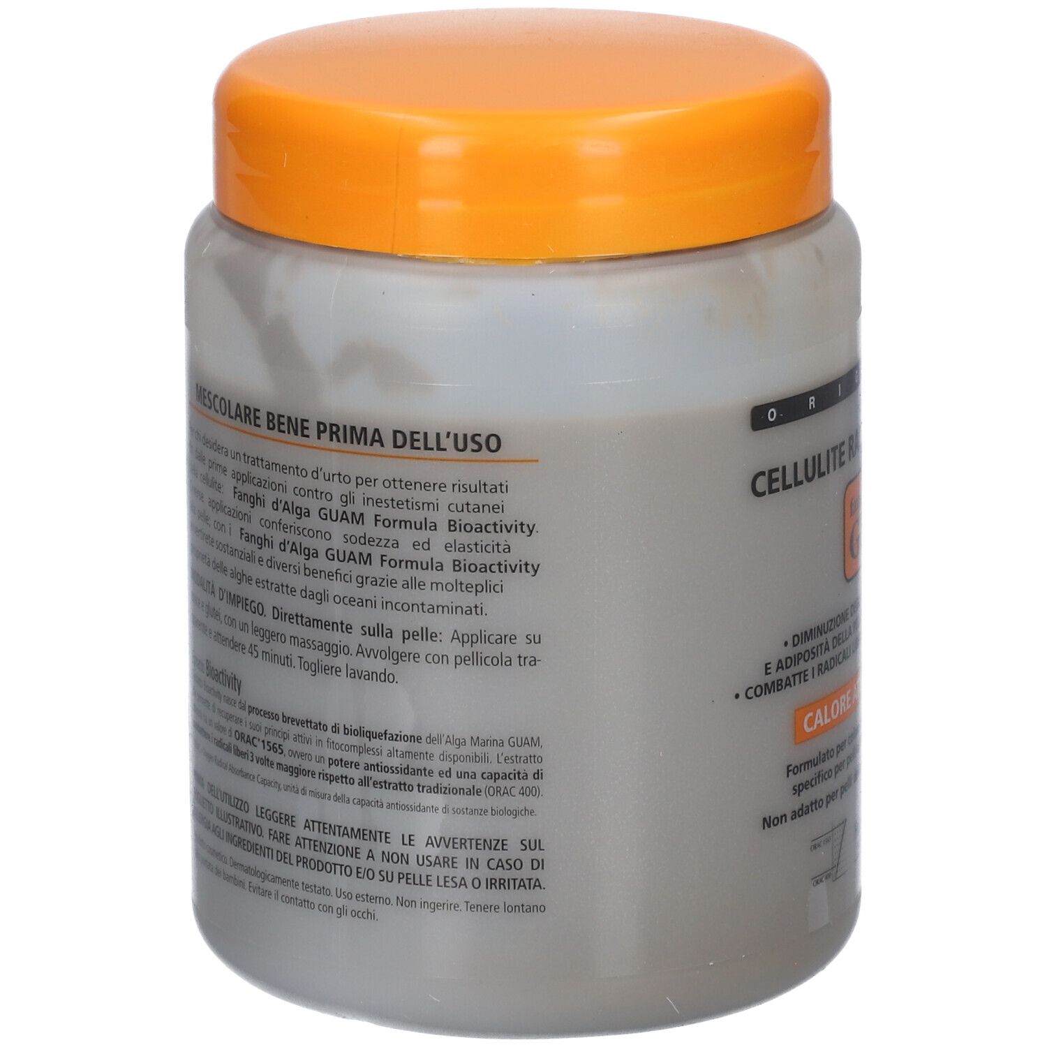 Graue Dose mit orangefarbenem Deckel. Text: Cellulite, Guam, Calore Attivo Sulla Pelle. Produkt für die Haut.