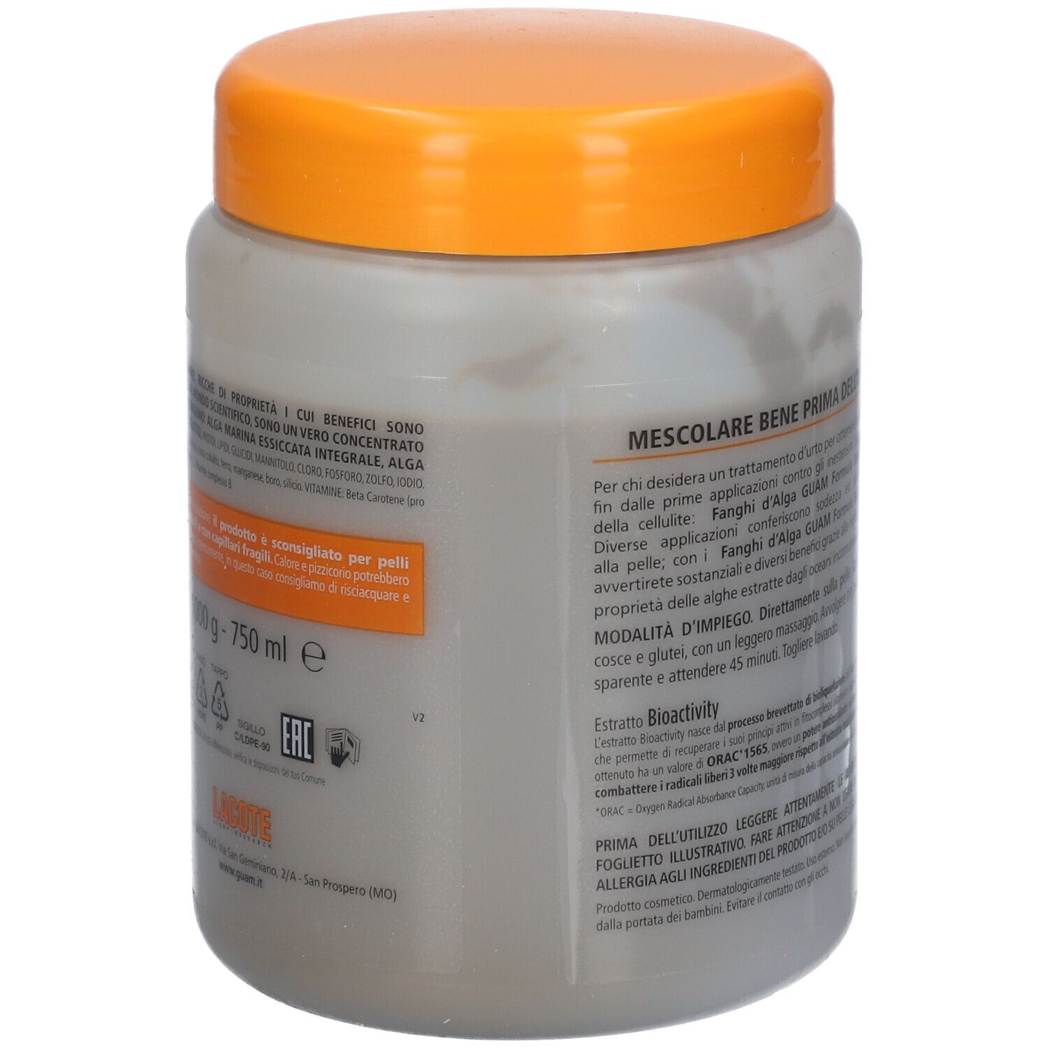 Graue Dose mit orangefarbenem Deckel. Text: Cellulite, Guam, Calore Attivo Sulla Pelle. Produkt für die Haut.