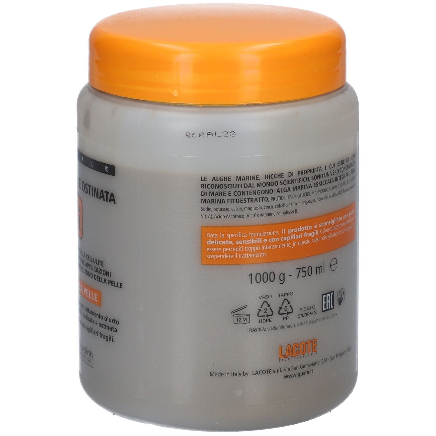 Graue Dose mit orangefarbenem Deckel. Text: Cellulite, Guam, Calore Attivo Sulla Pelle. Produkt für die Haut.