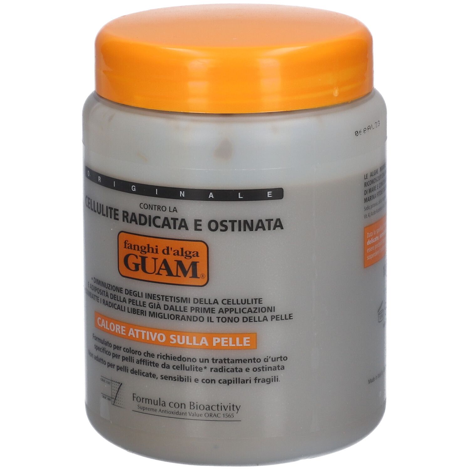 Graue Dose mit orangefarbenem Deckel. Text: Cellulite, Guam, Calore Attivo Sulla Pelle. Produkt für die Haut.