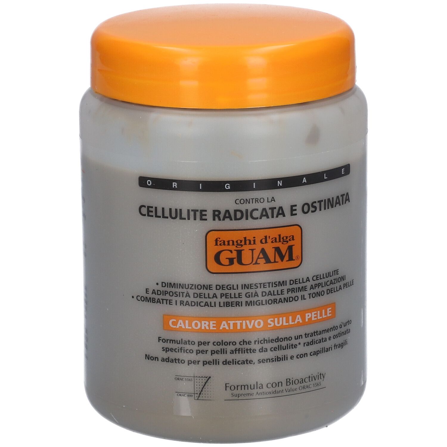 Graue Dose mit orangefarbenem Deckel. Text: Cellulite, Guam, Calore Attivo Sulla Pelle. Produkt für die Haut.