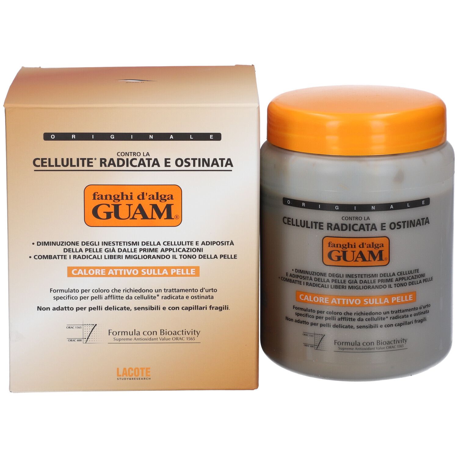 Graue Dose und Karton mit orangefarbenem Deckel. Text: Cellulite, Guam, Calore Attivo Sulla Pelle. Produkt für die Haut.
