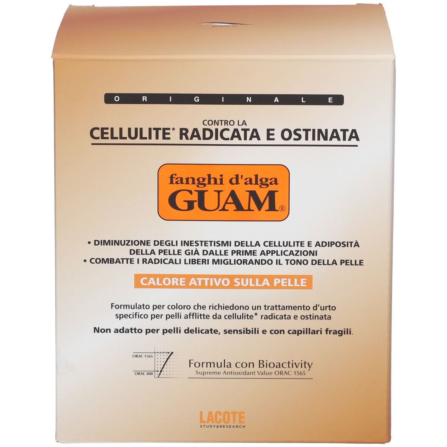 Karton mit Text: Cellulite, Guam, Calore Attivo Sulla Pelle. Produkt für die Haut.