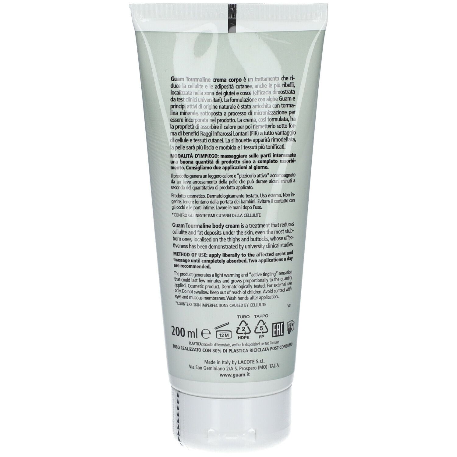 Dos du tube de crème. Texte avec informations sur le produit et ingrédients. 200 ml. Logos : Made in Italy, recyclage.