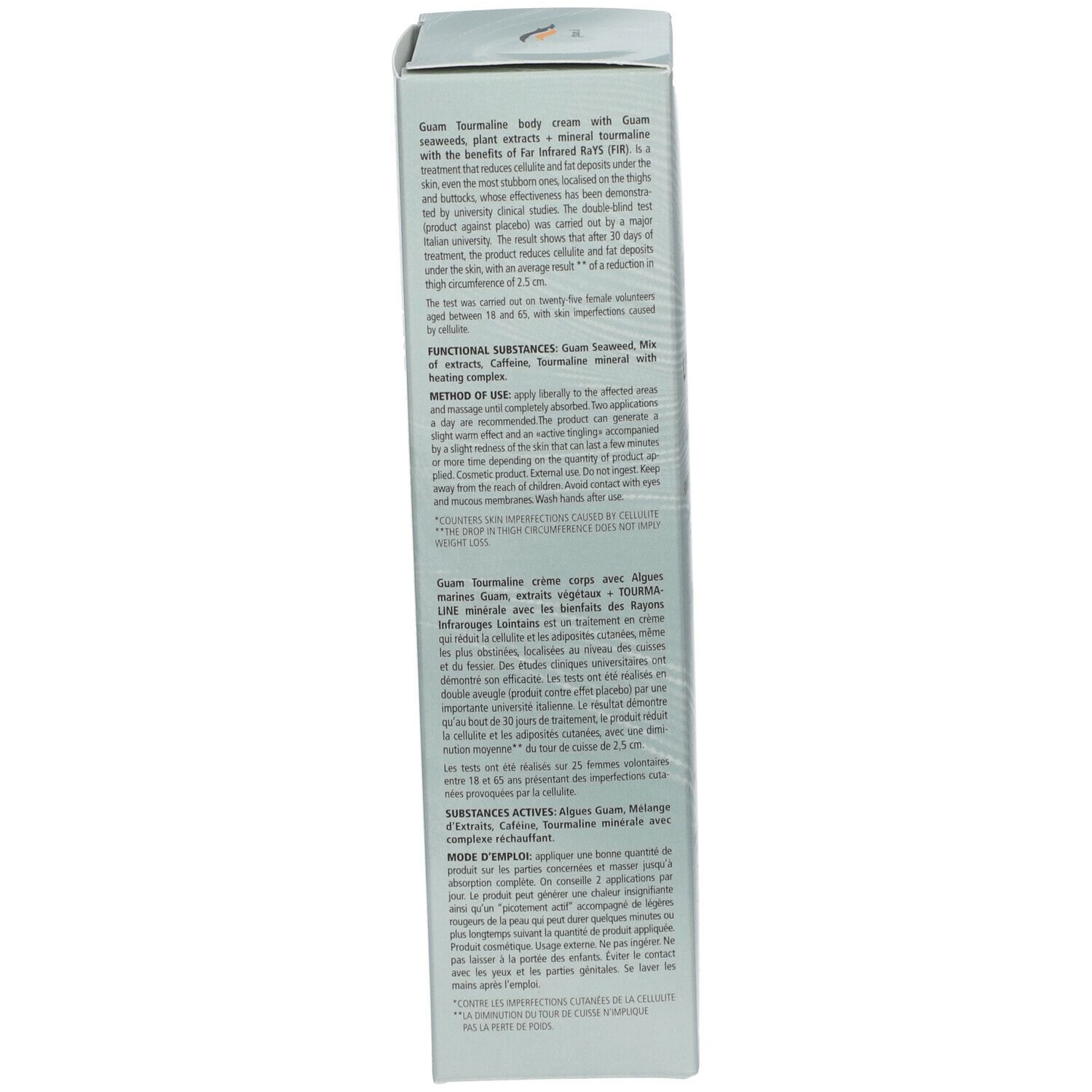 Emballage en carton. Texte avec informations sur le produit et ingrédients. Logo : Testé dermatologiquement. Testé au nickel.