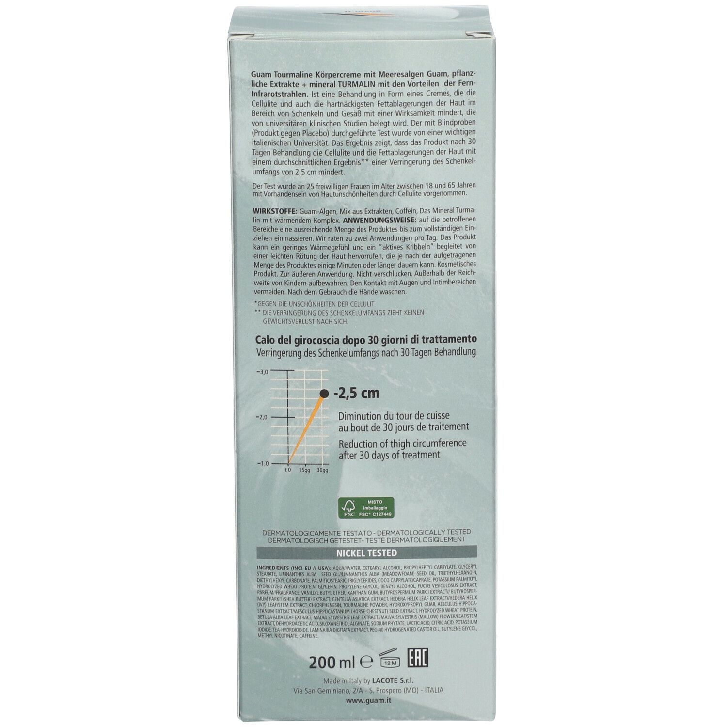 Dos de l'emballage en carton. Texte avec informations sur le produit et diagramme. 200 ml. Logo : Testé dermatologiquement. Testé au nickel.
