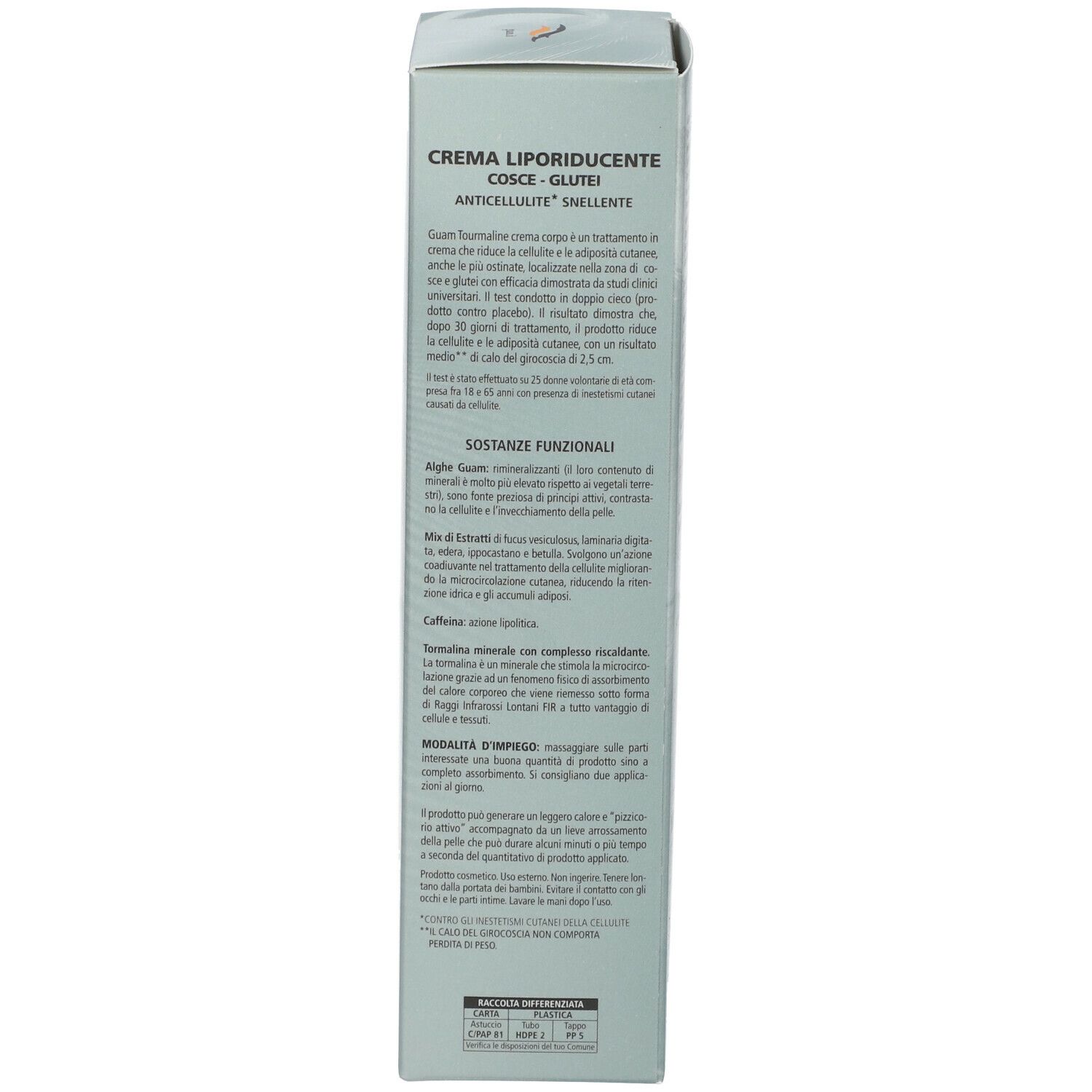 Côté de l'emballage en carton. Texte avec informations sur le produit. Logo : Testé dermatologiquement. Testé au nickel. Nom du produit : Crème Liporiducente.