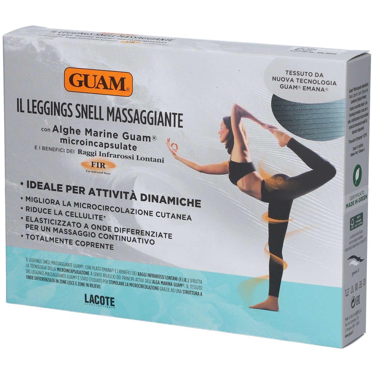 Boîte de leggings. Inscription : GUAM, Il Leggings Snell Massaggiante. Illustration d'une femme en tenue de sport.