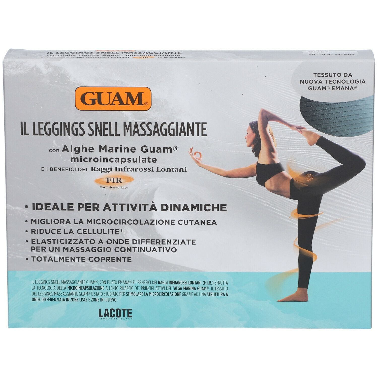 Boîte de leggings. Inscription : GUAM, Il Leggings Snell Massaggiante. Illustration d'une femme en tenue de sport.